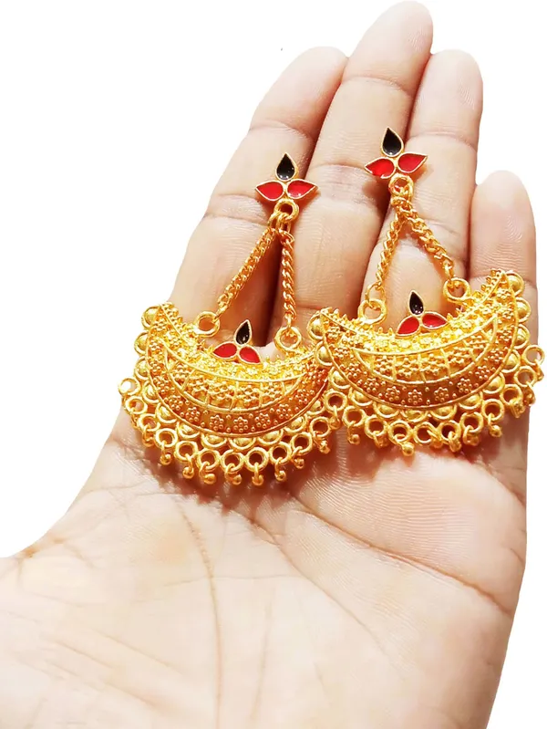 Assamese_Traditional_Copper_Gold_Plated_Red_Black_Colour_Jhumki_Earring_For_Girls_&_Women